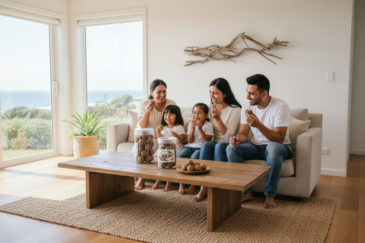 Nepali family in Australian living room enjoying Nuts ko Laddu
