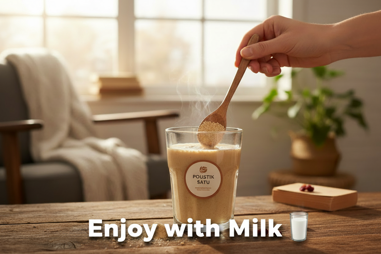 Enjoy Poustik Satu with milk
