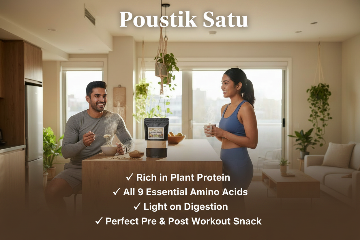 Nepali couple enjoying Poustik Satu in a modern apartment with key benefits listed